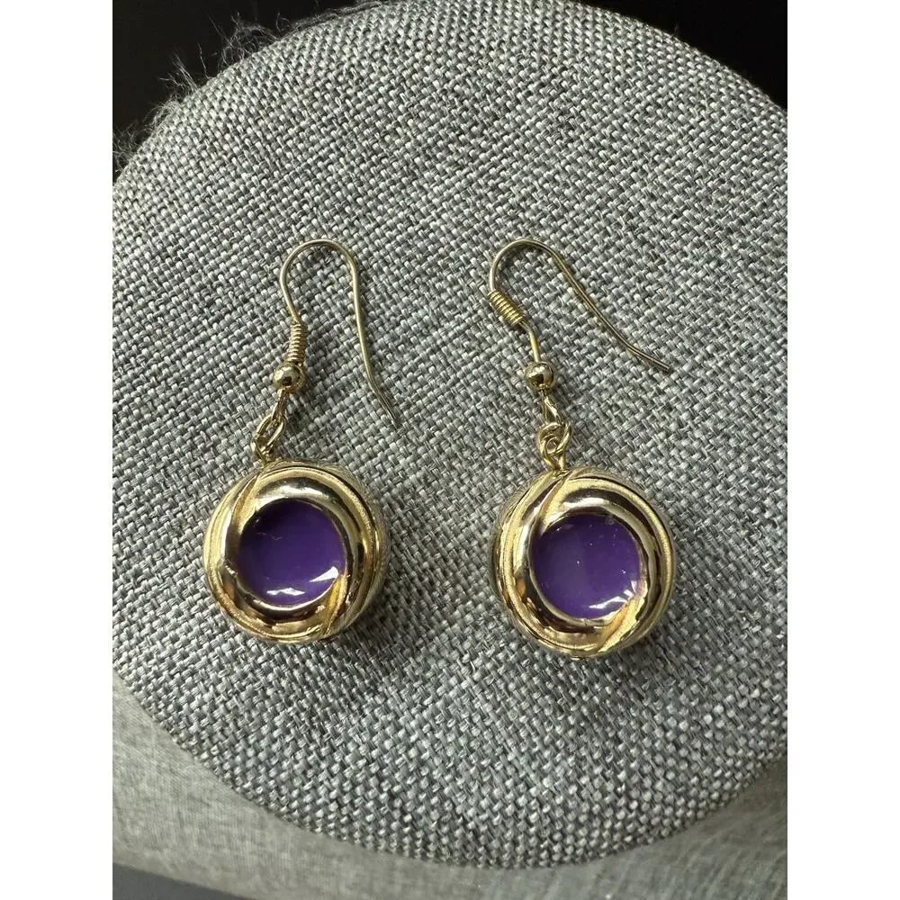 Vintage Enamel Round Hook Earrings Gold Tone Purple Pierced Career Workwear